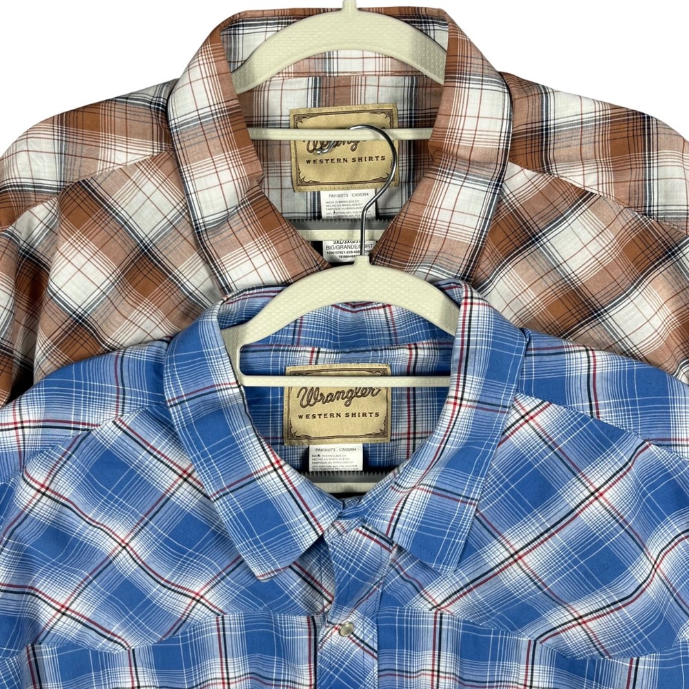 Wrangler Western Shirt Mens 3XL Big Brown Blue Plaid Pearl Snap Lot of 2 S/S